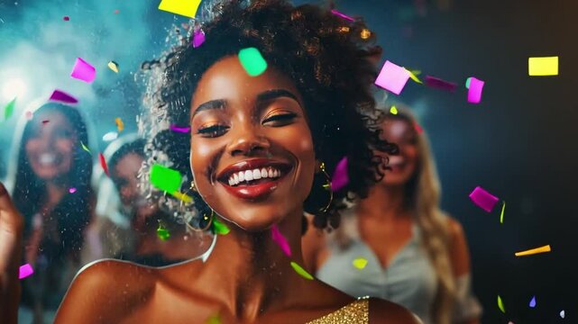 A black woman in a shimmering outfit beams with happiness while enjoying a fun New Year celebration surrounded by her friends and confetti - Powered by Adobe