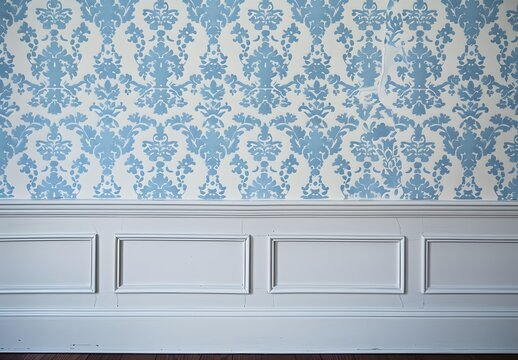 Fototapeta Vintage Blue and White Damask Wallpaper with Wainscoting