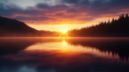 Stunning Sunset Over Majestic Lake Landscape