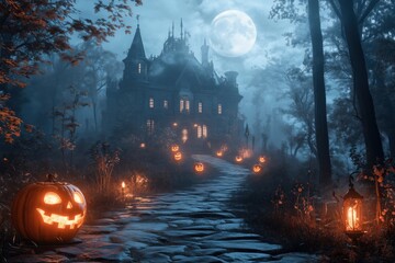 A foggy path leads to a haunted mansion illuminated by glowing jack-o'-lanterns. The full moon shines brightly above, casting an eerie glow over the scene. 