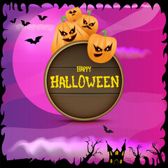 Happy Halloween banner with bats, cat, castle, graveyard and Halloween scary pumpkins isolated on spooky night background . Funky kids Halloween banner with greeting text