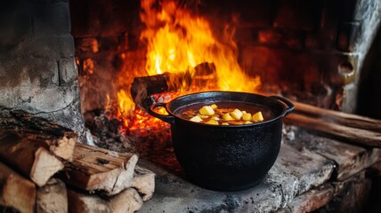 Black Cast Iron Pot with Food Cooking Over a Fire