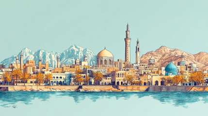 Obraz premium Muscat, Oman, color pen pencil hand-drawn effect drawing illustration for travel poster, card, wallpaper, backdrop or banner. Modern, clear, artistic and simple