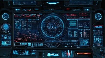 Obraz premium A futuristic user interface with a central compass, graphs, and other data displays on a dark background.