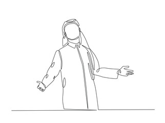 One continuous line drawing of arabian man using muslim clothing illustration. Arabian businessman monoline design.