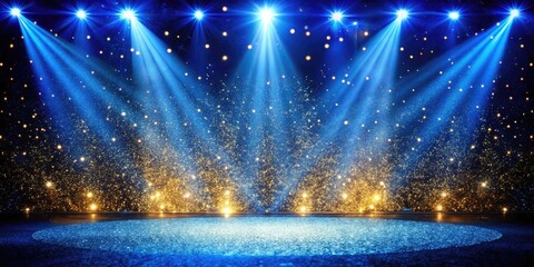 Grand stage with blue and gold spotlights shining brightly.