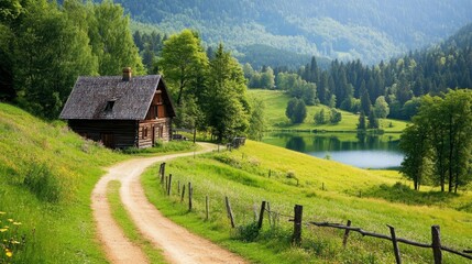 Serene Wooden House Nestled in Green Meadows with Scenic Lake View