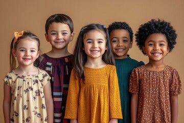 A group of five smiling children from diverse ethnic backgrounds standing together against a neutral background.