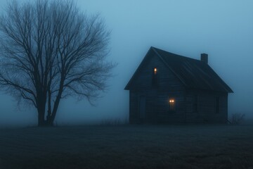 A haunting photograph of an abandoned farmhouse surrounded by fog. A single light glows from the window, creating an eerie yet peaceful atmosphere. 
