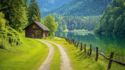Fototapeta premium Serene Wooden House Nestled in Green Meadows with Scenic Lake View