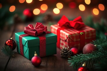 Beautifully wrapped holiday presents in red and green paper with festive decorations.