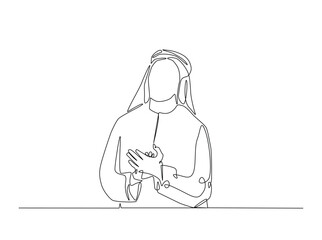 One continuous line drawing of arabian man using muslim clothing illustration. Arabian businessman monoline design.