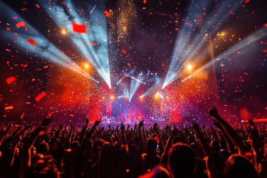 A massive crowd enjoying a vibrant rock concert with bright spotlights and confetti in the air.