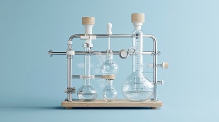 A glass laboratory equipment with wooden stand on blue background.