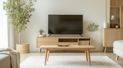 A minimalist living room with natural wooden furniture, including a sleek wooden TV stand and matching coffee table. The room is styled with a soft rug and light-toned upholstery.
