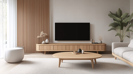 A minimalist living room with natural wooden furniture, including a sleek wooden TV stand and matching coffee table. The room is styled with a soft rug and light-toned upholstery.