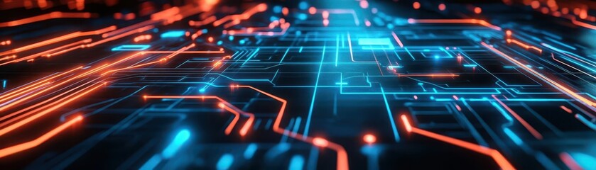 Circuit boardinspired background with glowing neon lines, dark abstract environment, hightech details, futuristic theme, digital art