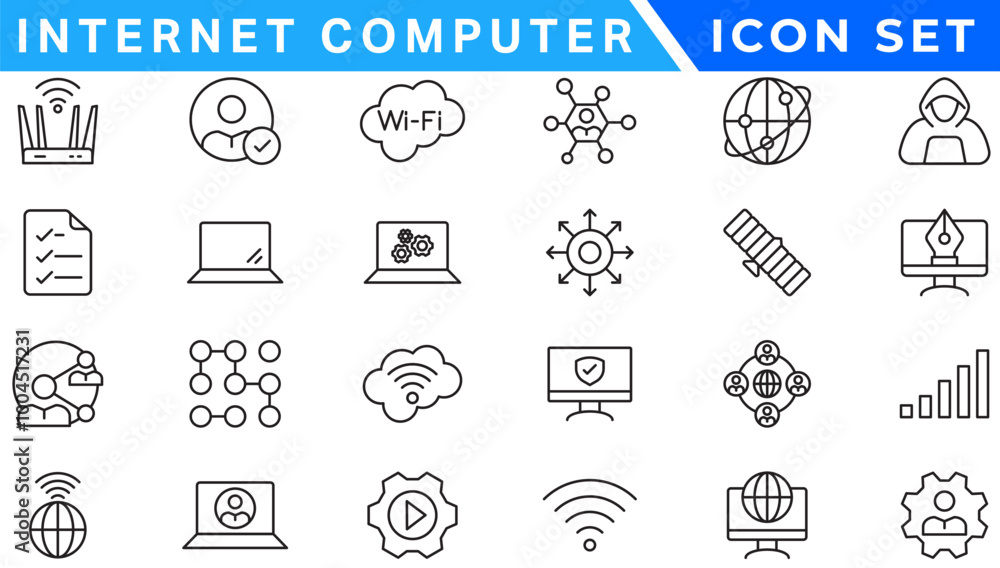 Poster internet computer line icon set. website icon for contact icons. computer, network, website, server,