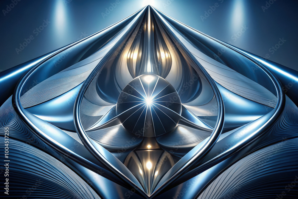Poster intricate metallic patterns converge around a glowing orb, illuminating the modern architectural mar