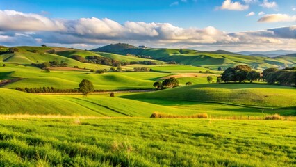 Fototapeta premium Rolling green hills under a partly cloudy blue sky.
