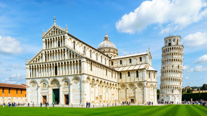 Obraz premium View of Leaning tower and the Basilica, Piazza dei miracoli, Pisa, Italy. Generative AI