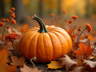 Autumn scene with pumpkin surrounded by orange leaves, wildflowers, fall harvest, seasonal decor, nature in autumn aesthetic_00001_