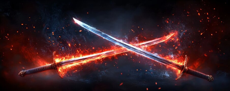 The intense clash of two swords sends fiery sparks flying, capturing the raw power and energy of battle as the blades meet in an epic confrontation.