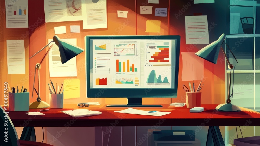 Poster work desk with computer and charts