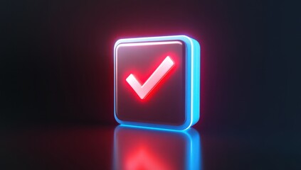 3D icon of a checkmark in a box on a dark background, with a red and blue gradient color, a minimalistic design, a smooth texture Generative AI