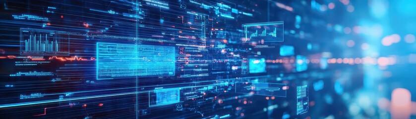 Fototapeta premium Dark blue holographic interface, floating data screens, sleek modern design