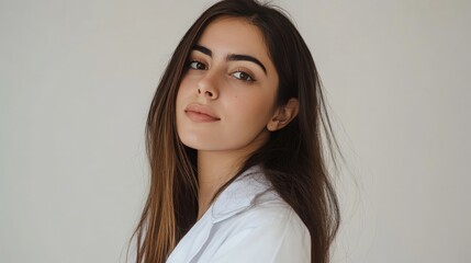 Fototapeta premium Joyful Latina Dentist in Profile Photo: A Young, Accomplished Dental Professional with Light Brown Hair and Coffee-Colored Eyes.