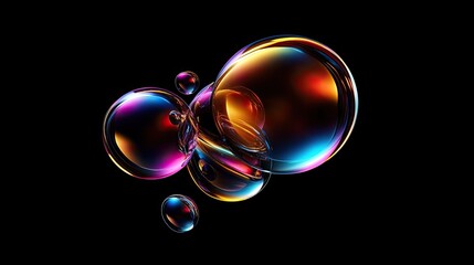 A group of colorful iridescent bubbles on a black background, with varying sizes and shapes.