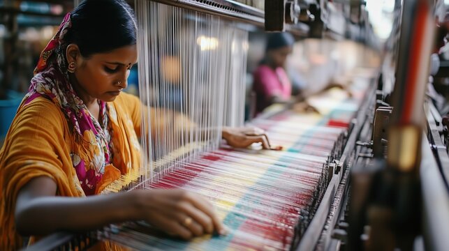 A woman weaving colorful fabric at a textile factory during the day, showcasing traditional craftsmanship and skill