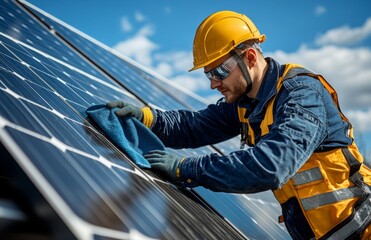 Fototapeta na wymiar Industrial engineer in uniform and helmet cleaning solar panels on factory roof under bright sky