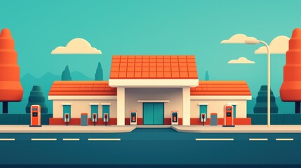 Fototapeta premium Colorful Retro Gas Station with Landscape Background