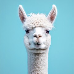 Fototapeta premium Alpaca: Funny White Alpaca on Blue Isolated Background