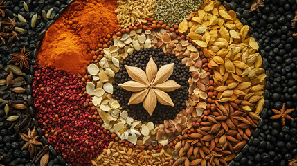 A circular mandala created from a variety of spices arranged in colorful layers. In the center is a star made of cardamom seeds, surrounded by black pepper, turmeric