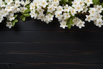 White Jasmine Flowers on Black Wooden Background