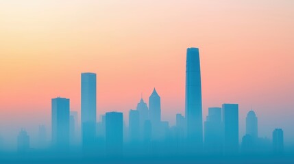 Fototapeta premium Urban Skyline at Dawn with Misty Haze Effect