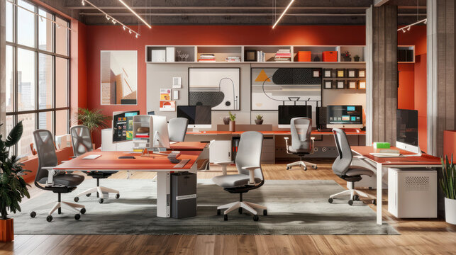 A modern small business office with integrated AI tools, remote work capabilities, and customizable workstations for dynamic collaboration.