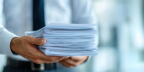 A professional holding a stack of documents in a modern office environment, emphasizing organization and paperwork management.