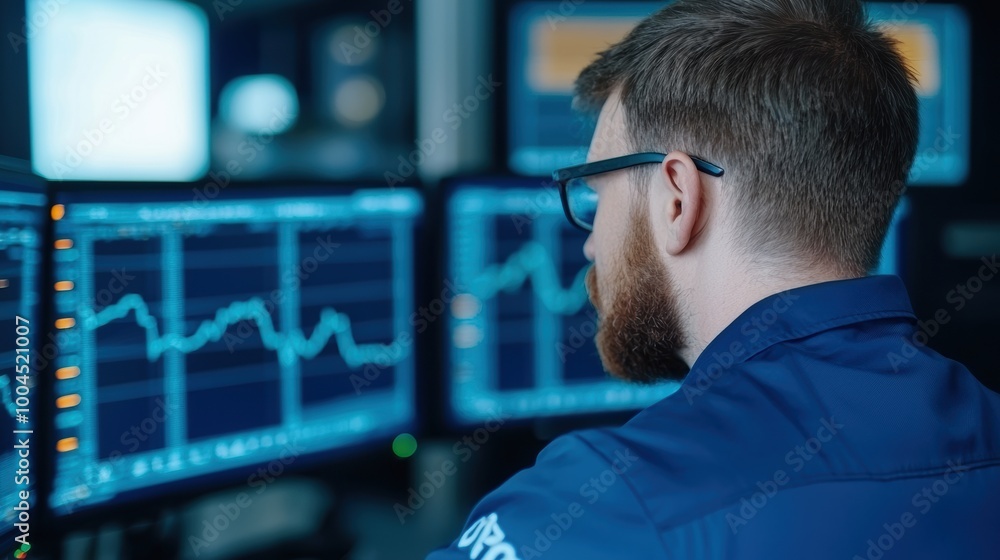 Poster focused trader analyzing data on multiple screens