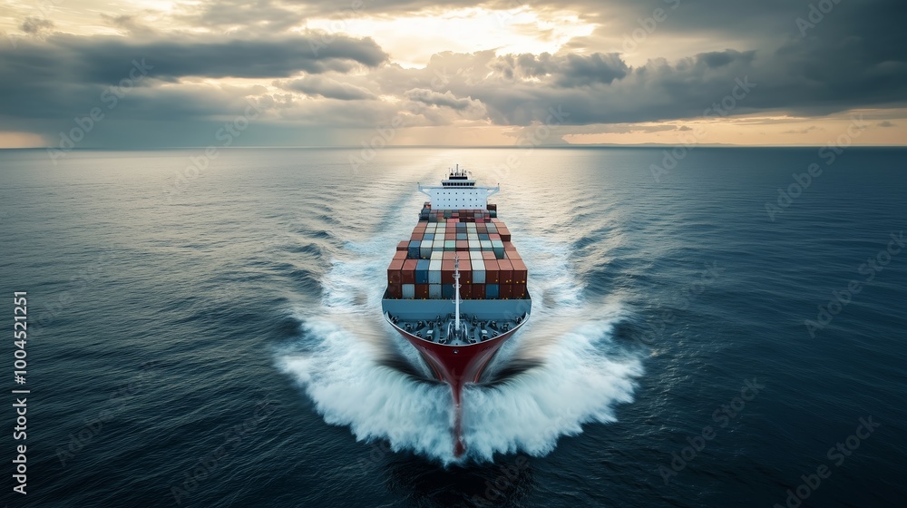 Poster container ship navigating through calm waters at dusk with clouds overhead and warm light reflecting