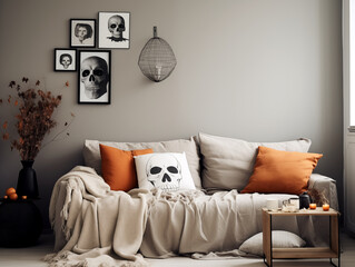 Scandinavian minimalist interior in light color with orange and black accents. Room decorated for halloween. White walls and orange interior with pumpkin accent.