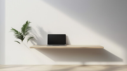 A minimalist study area with a single laptop on a floating shelf acting as a desk, set against a white wall