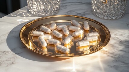 A collection of capsules is carefully arranged on a golden tray resting on a marble surface. The soft daylight creates beautiful reflections, enhancing the serene atmosphere of the setting.