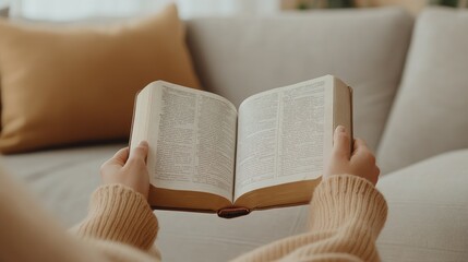 Fototapeta premium Close to the camera, a woman's hands hold an open Bible as she shares a peaceful reading moment with her mother beside her on the couch
