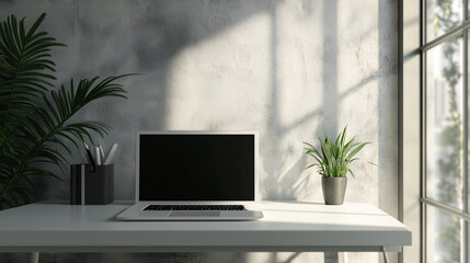 Fototapeta premium A minimalist workspace featuring a laptop on a white desk, next to a large window letting in natural light