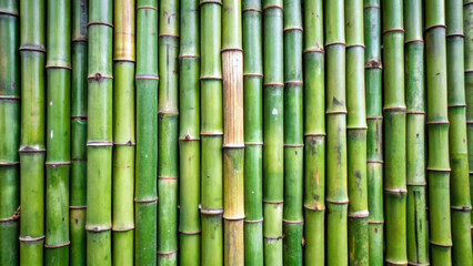 A dense arrangement of vibrant green bamboo stalks with occasional variations in color. The bamboo rods are aligned vertically, creating a pattern of natural vertical lines.AI generated.