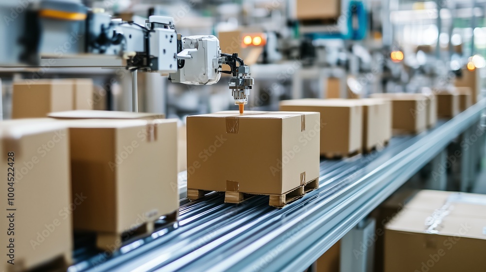 Poster automated robotic arm sorting cardboard boxes on a conveyor belt in an industrial warehouse during d